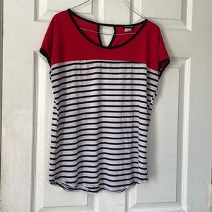 Perseption red black white striped blouse shirt top shirt sleeve sz Screw neck